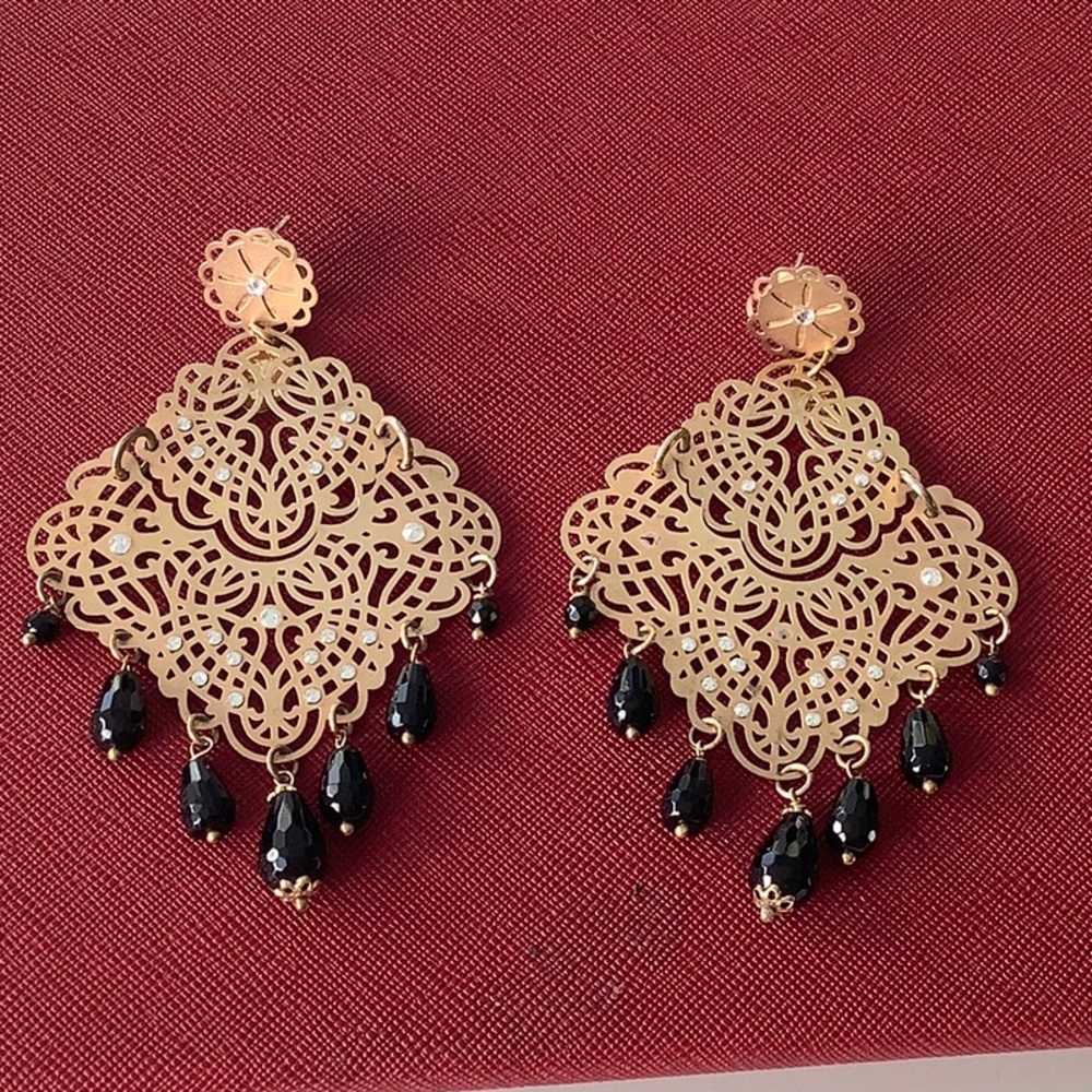 Chandelier Earrings Encrusted with Crystals and Dangling Onyx Cabochons!